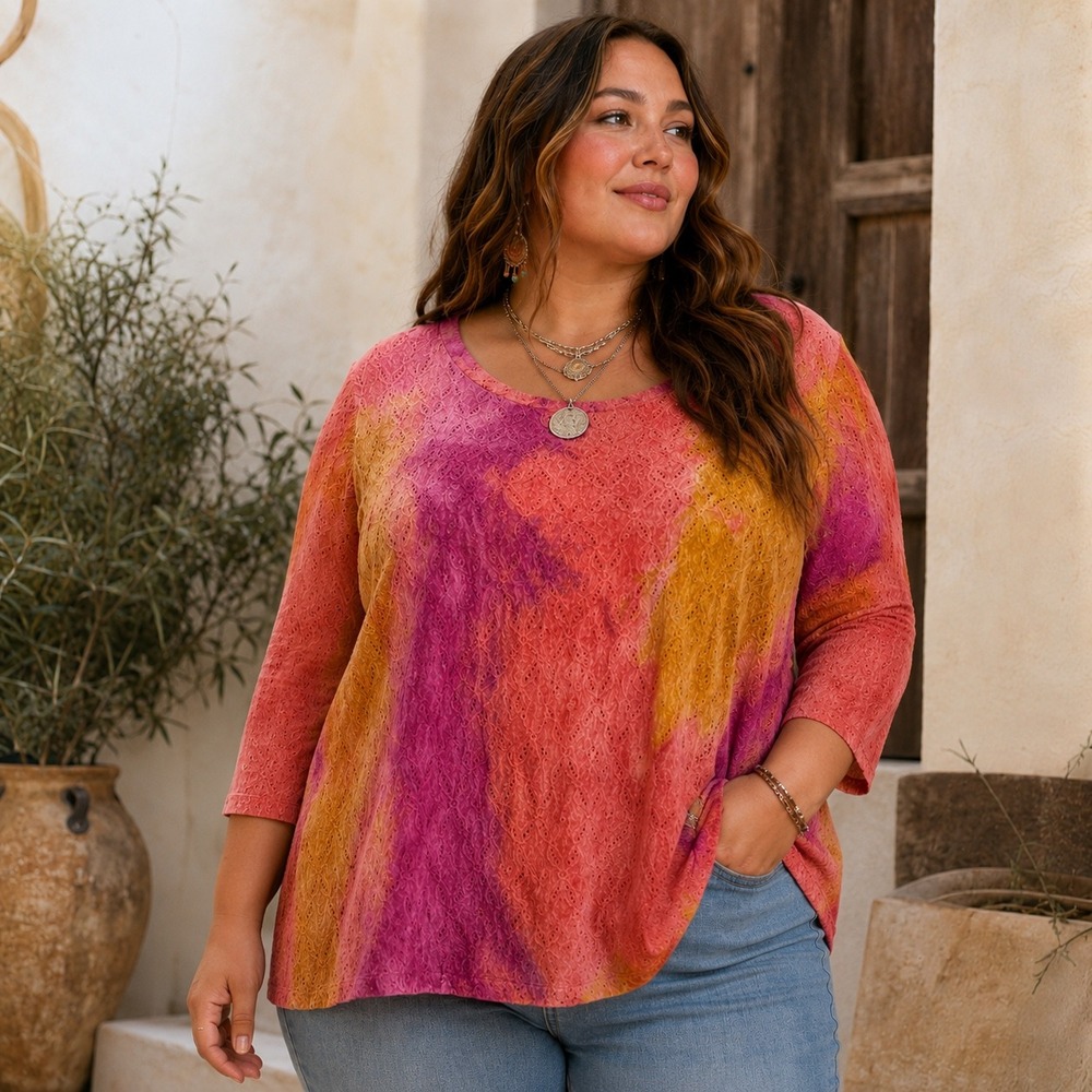 LOGO‎ Layers Lori Goldstein Tie Dye Pointelle Tunic Top Pink Orange Yellow XL